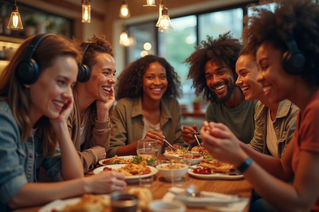 Pessoas felizes aproveitando benefícios do Clube de Vantagens - música e alimentação