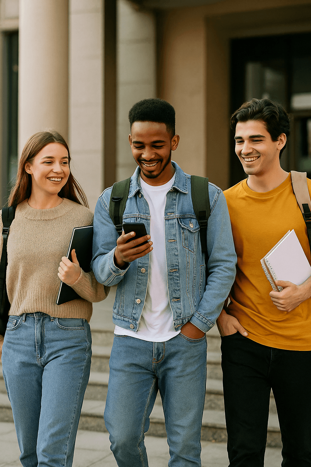 Estudantes felizes a caminho da faculdade